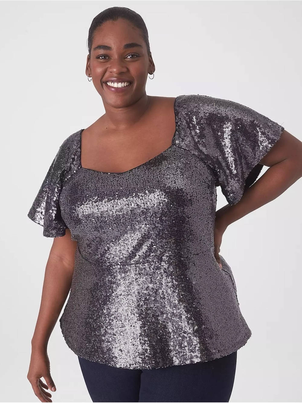 Lane Bryant Classic Flutter-Sleeve Sweetheart-Neck Peplum Sequin Top 24
